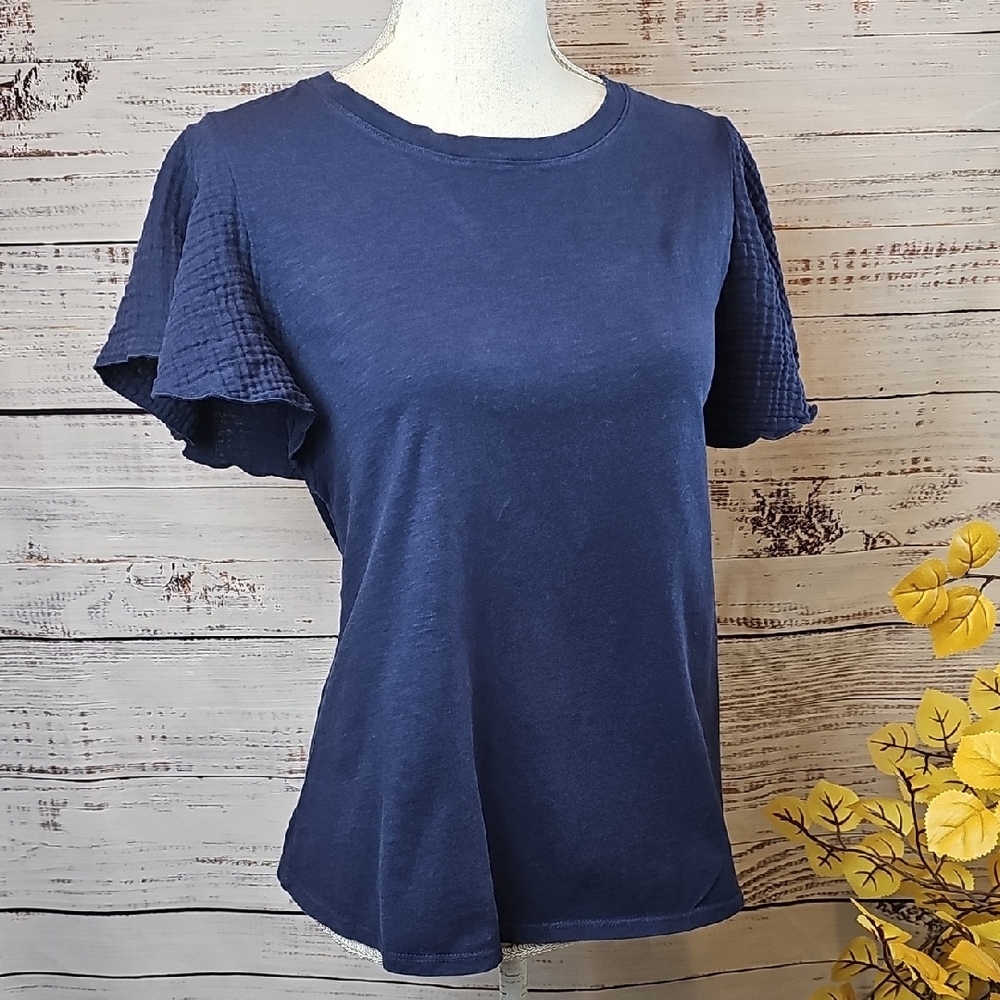 NINE WEST NAVY BLUE SHORT FLUTTER SLEEVE PULLOVER TEE